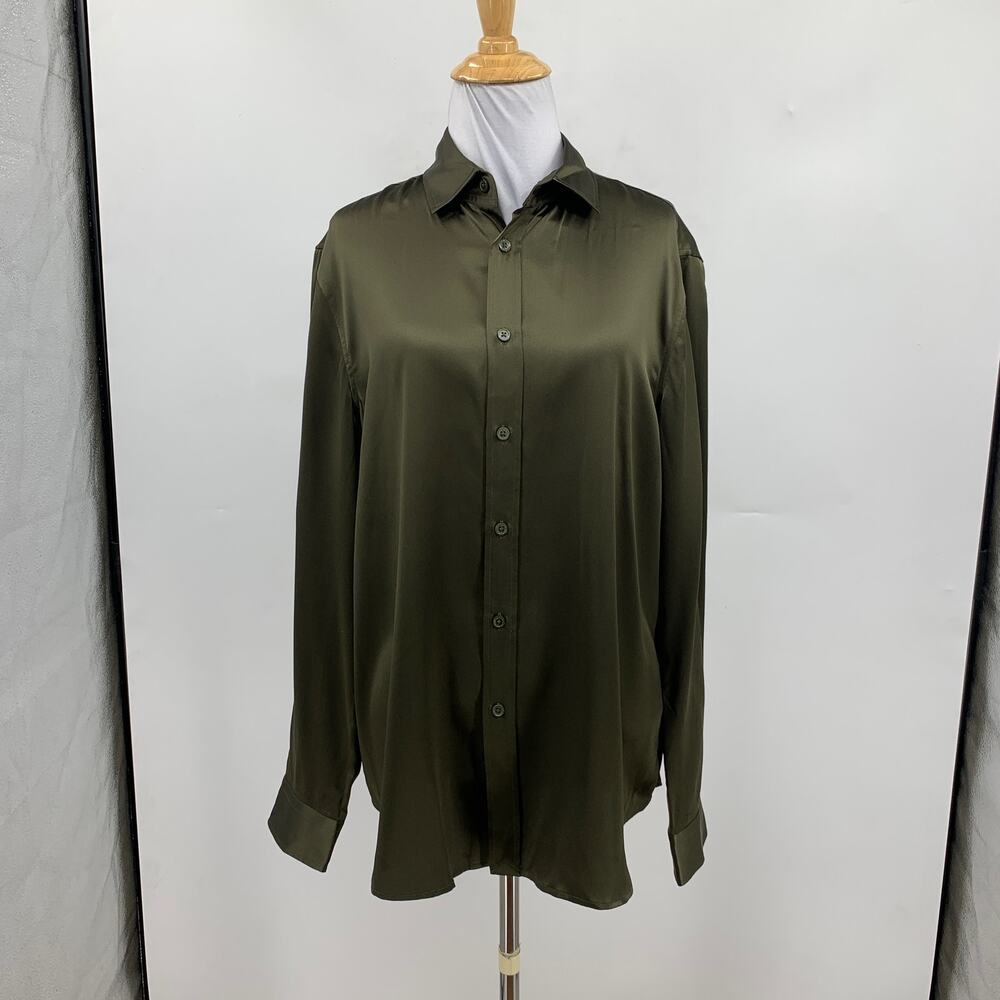 Lilysilk Shirt Womens 12 Dark Olive Mulberry Silk Satin Button Up Long Sleeve - Picture 2 of 11